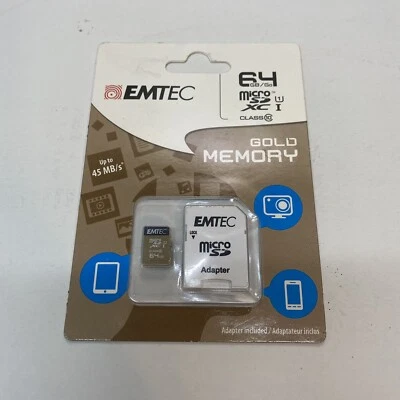 EMTEC 64GB microSDXC Class 10 Gold Memory Card With Adapter  - Brand New - Image 1 of 2
