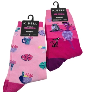 K. Bell 2 Pair Socks Artist Shag Tiki Hula Pink Floral Cat Retro Design - Picture 1 of 9