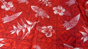2001 Trendtex Hawaiian Fabric TURTLE Cotton Tropical 2yds Hibiscus Red White - Picture 1 of 6