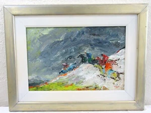 Pintura al óleo abstracta firmada y enmarcada de Ken Nishi 1991 titulada Winter Riders - Imagen 1 de 9