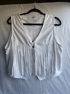 Boho Western Fringe Suede White Sleeveless Vest Front Snap Style XL - Picture 1 of 3