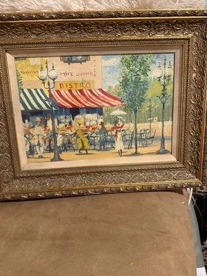 John Morris 9 por 12 pulgadas óleo a bordo Paris Bistro escena de café Joanne Foto 1 de 4