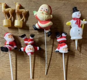 Vintag Random Santa X 4, Snowman & 2 Reindeer Cake Flower Picks / Candle Toppers - Picture 1 of 17