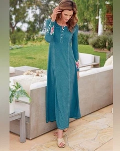 Soft Surroundings Knit Anneli Maxi Dress PM Blue Flare Embroidered Sleeves Boho - Picture 1 of 12