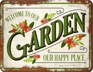 Vintage Rustic Metal Sign Garden Our Happy Place Man Cave Yard Patio Wall Plaque - Picture 1 of 1