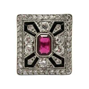 925 Silver Art Deco Style Pink Ruby, Black Onyx & White CZ Beautiful Shield Ring - Picture 1 of 6