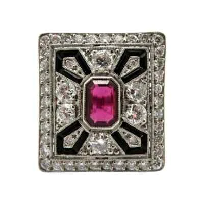 925 Silver Art Deco Style Pink Ruby, Black Onyx & White CZ Beautiful Shield Ring - Image 1 of 4