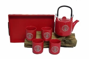 130 Servizio da Tè Set Ceramica 5 Pz. Cina Asia Teiera Vassoio IN Legno - Bild 1 von 5