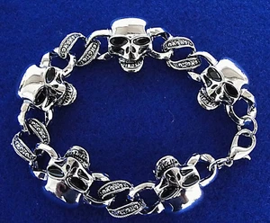 Motociclista CALAVERAS Punk Goth Dia de Muertos Color Cromo Metal Eslabón de Cadena PULSERA - Imagen 1 de 9