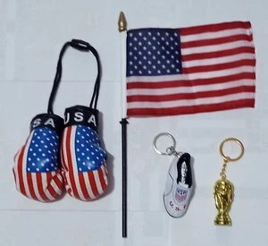 4 PATRIOTIC AMERICAN FLAG GIFTS BOXING GLOVES WC TROPHY SMALL FLAG KEYCHAIN $35 - Picture 1 of 8