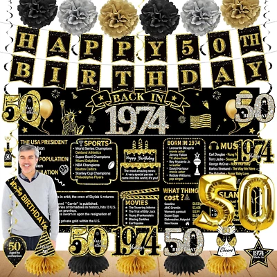 50Th Birthday Decorations for Men Women, 21Pcs Back in 1974 Banner Party Supplie — 第 1/4 张图片