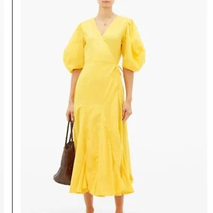 Rhode Fiona Puff Sleeve Cotton Wrap Dress Medium Golden Yellow - Picture 1 of 9