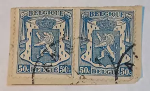 Belgium Postage ~ Lion Crest ~ 50FR Blue Stamp (2 block) ~ Posted/Used ~ c.1951 - Picture 1 of 6