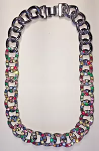 Collana J.Crew Big Gunmetal Chain con Cristalli Strass Multicolore Dichiarazione - Foto 1 di 9