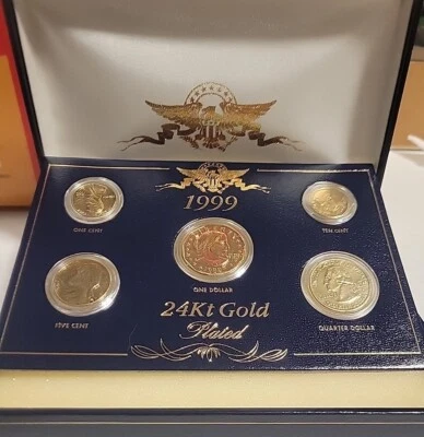 1999 24kt Gold Plated US Mint Proof  5 Coin Set With Case - Image 1 of 2