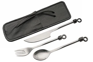 Neu Besteckset Löffel Messer Gabel 3 tlg. Lederscheide Carbonstahl silber schwarz - Bild 1 von 5