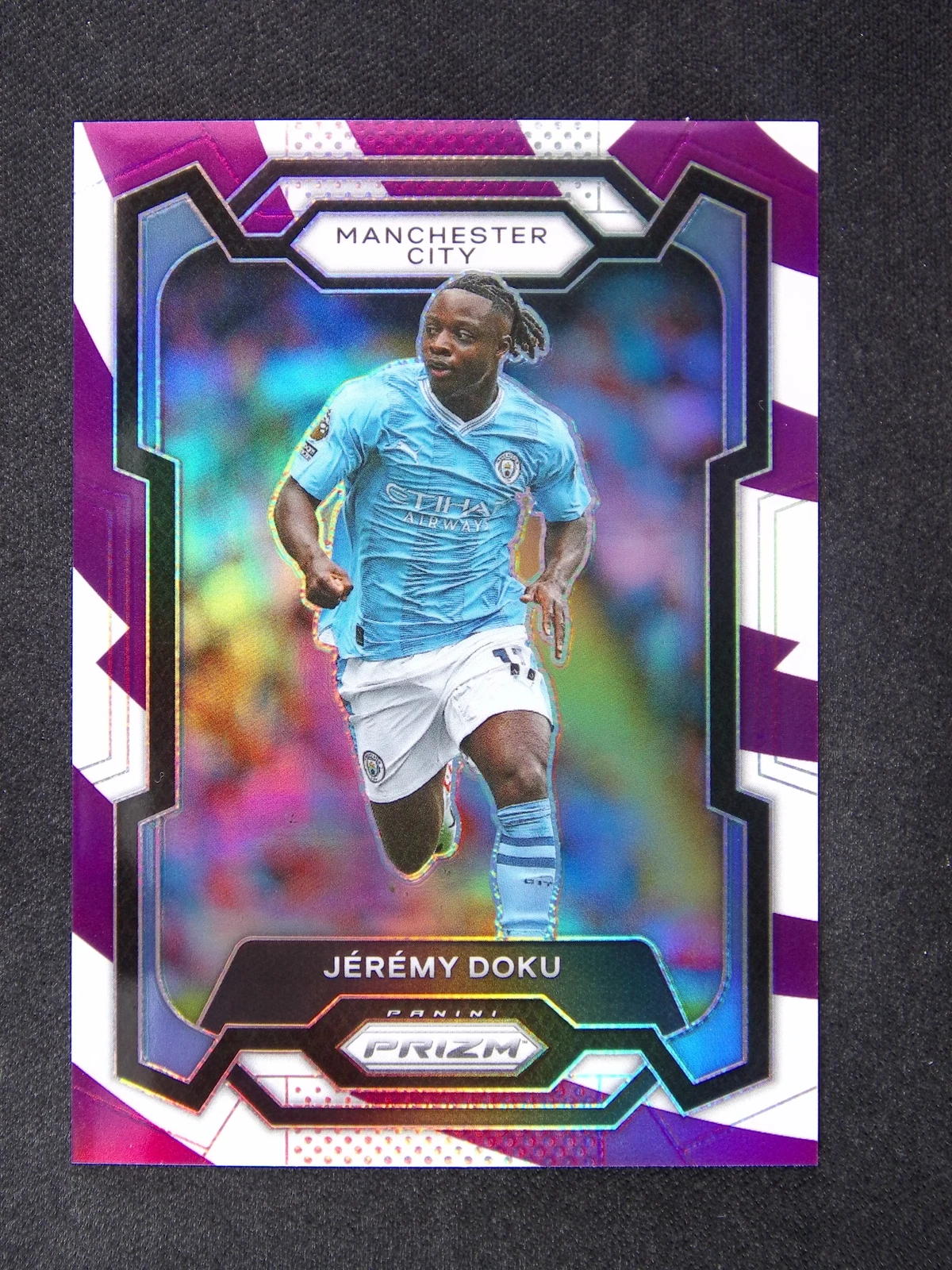 2023-24 Panini Prizm Premier Jeremy Doku #11 Man City Purple&White Stripes /92