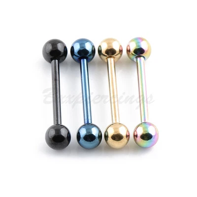 4pc 14 Gauge 16mm(5/8") 5mm Ball Titanium Anodized Tongue Barbell Tongue Ring - Image 1 of 4