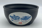 Japanese Stoneware Black Rice Noodle Bowl Puffer Fish Hand Painted Double Sided