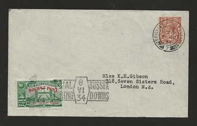 1934 GREAT BRITAIN rocket mail cover - SUSSEX DOWNS - green - EZ 2C1 - Image 1 of 2