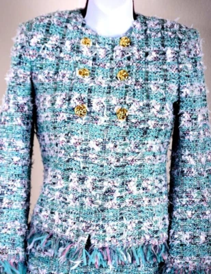 Chaqueta ST.JOHN Mujer Tweed Verde Blanco Rosa Flecos Talla 6/2021 SP Foto 1 de 4