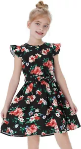 PATPAT Rosy Black Dress Button Down Floral Print Ruffle Short Sleeve Girls 4-5 - Picture 1 of 4