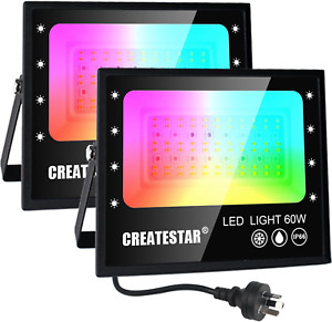 2 Pack RGB & Warm White LED Flood Light, 60W Outdoor Colour Changing Flood Light