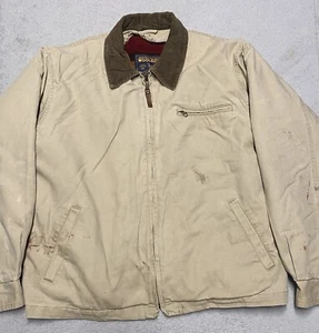 Vintage Woolrich Barn Jacket Mens L Beige Wool Blanket Lined Cord Distressed - Picture 1 of 17