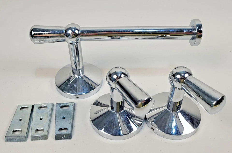 Ganchos de pared de baño cromados de colección mediados de siglo 3 piezas toallas de metal batas papel Foto 1 de 4