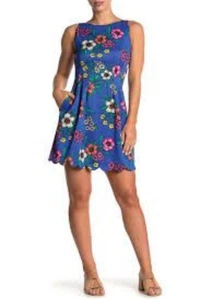 Vestido Vince Camuto Azul Floral Sin Mangas Línea A Hasta la Rodilla Festoneado Talla 4 - Imagen 1 de 13