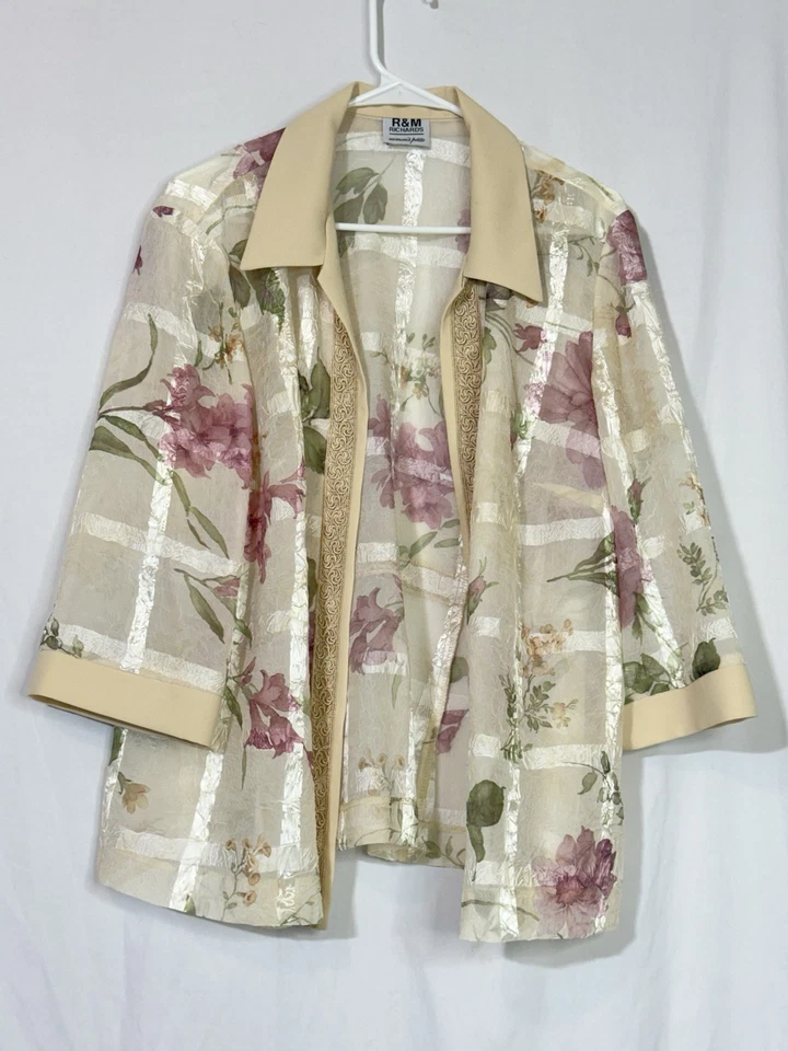 Cardigã feminino vintage R&M Richards jaqueta aberta bege transparente manga 3/4 tamanho 16 P - Imagem 1 de 4