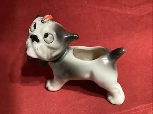 Vintage Puppy Bulldog Small Planter Ladybug Made In Japan 2 1/2” Goofy Bow C7 - Picture 1 of 8
