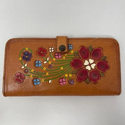 Vintage 70's Rosas Tooled Leather Wallet Mexico Made Brown Floral - Image 1 of 4
