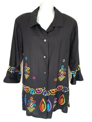 Linea by Louis Dell'Olio Negro Floral Bordado Boho Lino Camisa Larga Chaqueta M Foto 1 de 4