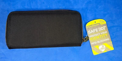 Travelon Safe ID Zip Around 3 Section RFID Blocking Wallet Clutch Black /purple Foto 1 de 4