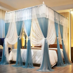 Luxury 4 Corners Post Canopy Bed Curtains - Blue & White Cozy Drape Netting -... - Picture 1 of 7