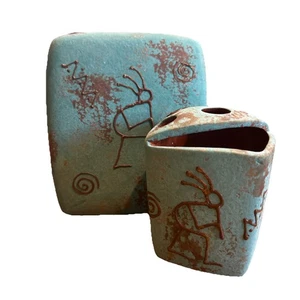 Southwestern Ceramic Turquoise Tissue Holder & Toothbrush Holder Set Kokopelli - Picture 1 of 10