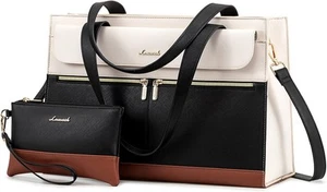 LOVEVOOK Laptop Tote Bag for Women 15.6 Inch Leather Beige-black-brown_ - Picture 1 of 8