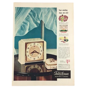 1946 Telechron Electric Clock VTG PRINT AD 40s Interior Bedroom Window Table - Bild 1 von 1