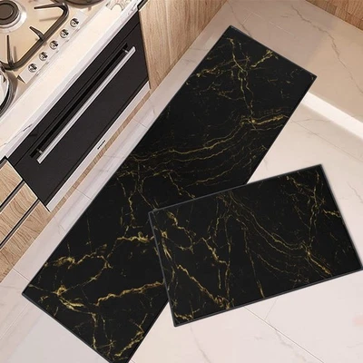 ARTSOCKET Kitchen Mats Non Skid Washable Set of 2, Marble Black Abstract Runner Rug, Ma
