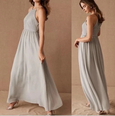 NUEVO CON ETIQUETAS BHLDN Anthropologie 4 Madrie Maxi Vestido Gris Niebla Dama de honor Halter Gasa Foto 1 de 4