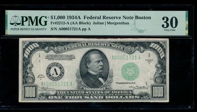 AC 1934A $1000 Boston ONE THOUSAND DOLLAR BILL PMG 30 comment - Image 1 of 2