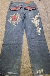 Jeans uomo vintage grezzo blu 32/34 rosso linguetta gamba larga con design retrò - Foto 1 di 10