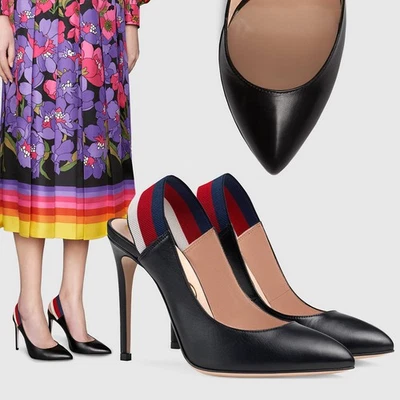 GUCCI SHOES BLACK LEATHER PUMPS SYLVIE WEB SLINGBACK PUMPS $650 sz 36 6 - Image 1 of 4