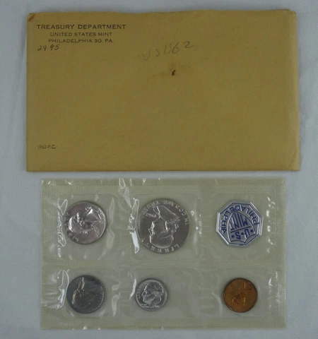 1962 US Mint Proof Set 5 Coins 90% Silver Original Envelope & Cello Flat Pack Cover