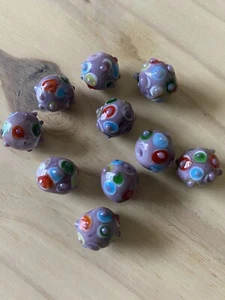 10 PURPLE BLUE RED PURPLE GREEN SPOTS- BUMPY ROUND glass lamp work 13mm Beads - Picture 1 of 6