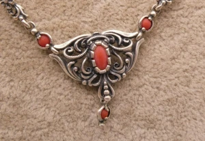 Halskette Collier Silber 835 Meisterwerk florales Trachtencollier mit Koralle - Bild 1 von 5