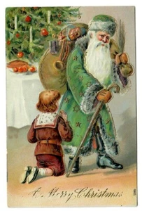 Vintage Christmas Postcard Santa in Green Robe with Cane and Kneeling Boy - Picture 1 of 2