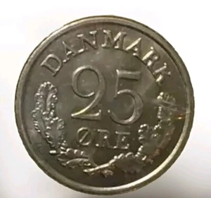 1966 Denmark 25 Øre Copper Nickel Coin-BU Luster Crown Above Wreath KM#842.2 - Picture 1 of 6
