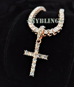 14k Gold Silver Plated Tennis Chain Choker ICED CZ Necklace with Cross Pendant - Picture 1 of 13